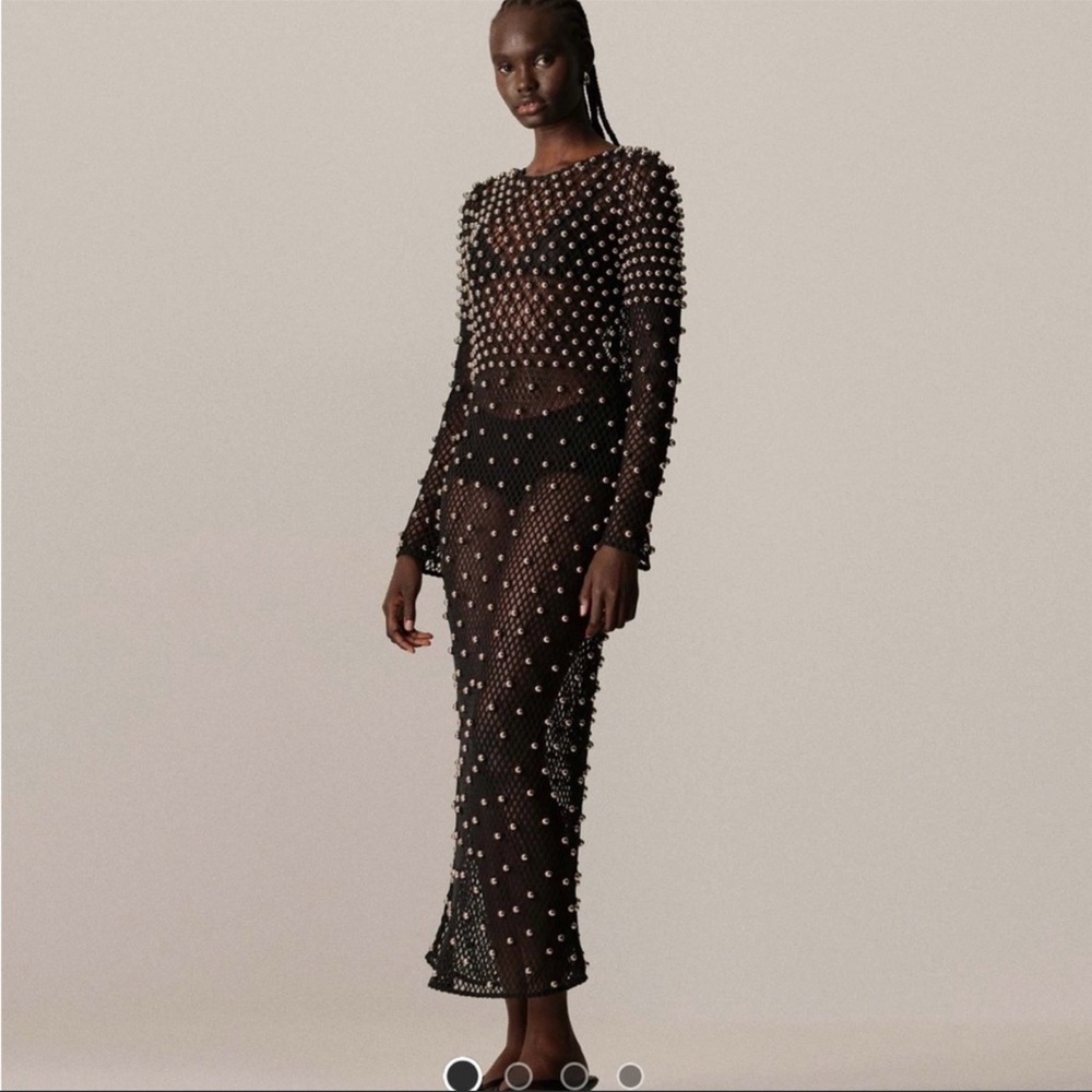 ARRANGE embellished mesh long sleeve maxi dress in black